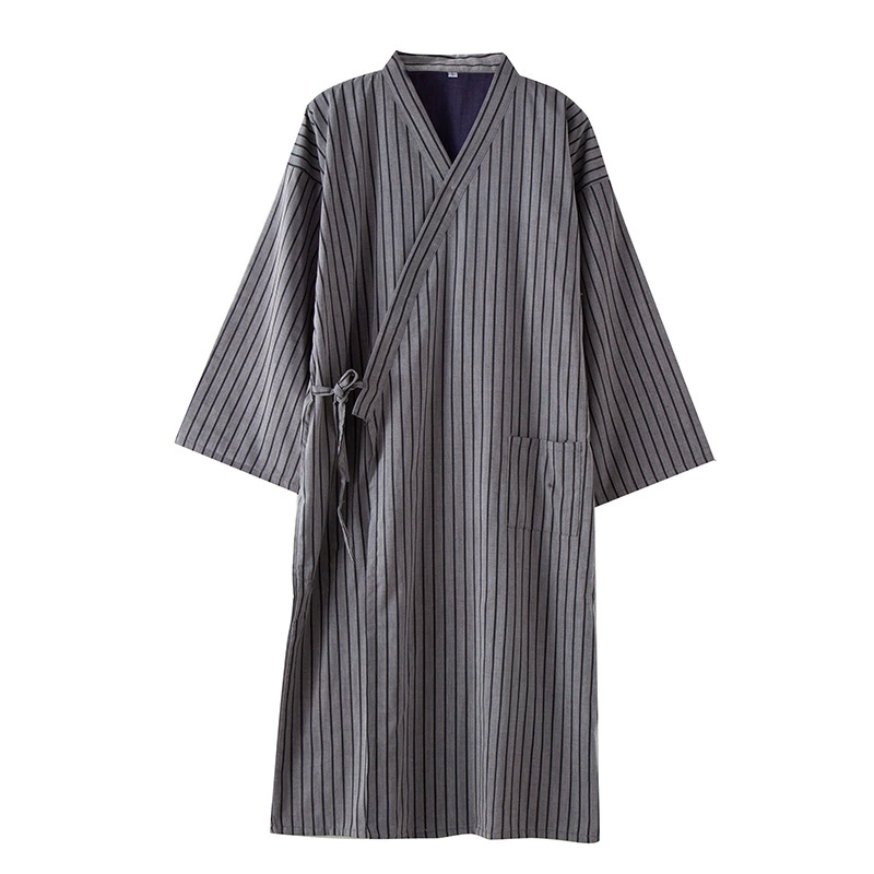 Japanese-Style Kimono Striped Nightgown Men'S Bathrobe Cotton And Linen Spring Autumn Wind Large Size Loose Tie Long Thin Robes pajama pants men's