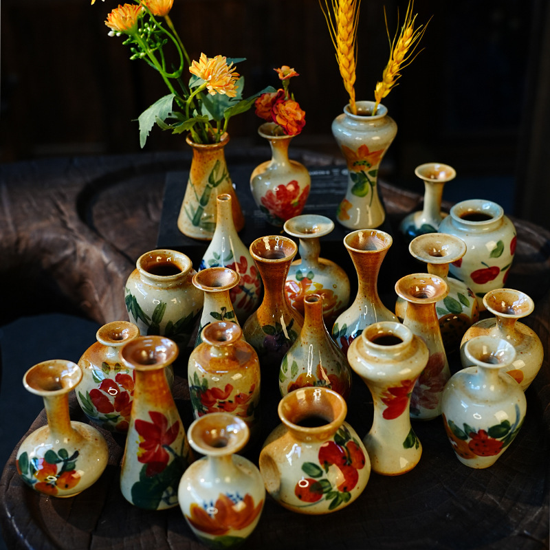 Imitation Wood-Fired Tea Table Small Vase Jingdezhen Pottery Small Flower Arrangement Hand-Painted Desktop Decoration Small Flower Vessel Succulent