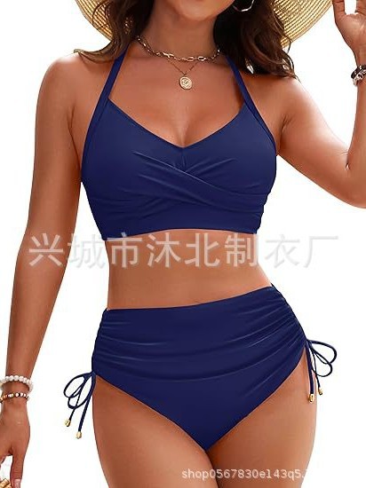 Bikini de Cintura Alta con Cintas Cruzadas de Nailon para Natación image 6