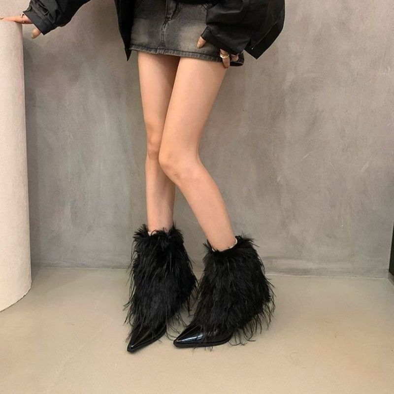 European and American Fashion White Pointed-Toe Stiletto Boots, Autumn and Winter Warm Fleece-Lined Short Boots, Furry High-Heeled Boots, Mid-Calf Boots