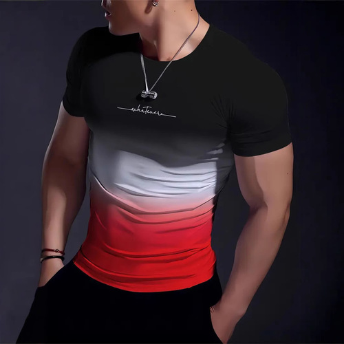 2025 High-Quality Men's Short-Sleeve T-Shirt Summer Casual Crew Neck Gradient Color Print Sports Top ME13