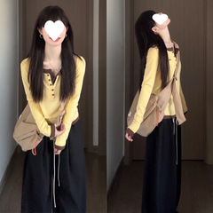 设计感黄色假两件针织衫女早秋韩系穿搭长袖T恤巨好看的打底上衣