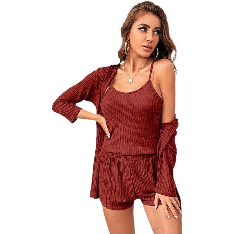 Waffle se puede usar fuera de tres piezas de desgaste en el hogar de las mujeres pantalones cortos de la Liga bata traje de pijama casual W0253