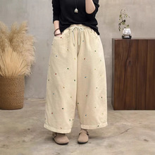 2025秋冬文艺复古宽松大码彩色爱心刺绣灯芯绒阔腿八分裤靴裤