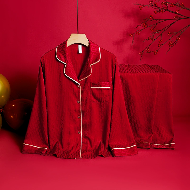 Пижама для пар, женская весна и осень, ледяной шелк, с длинным рукавом, высококачественный красный, семейный год, свадьба, домашняя одежда для новобрачных, костюм