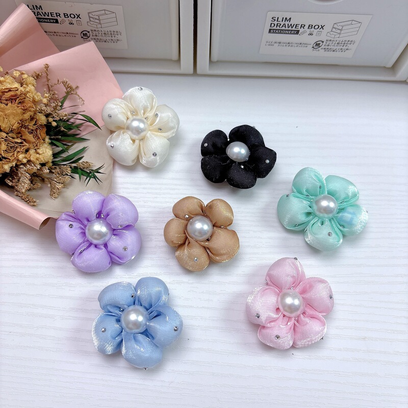 Korean-style sweet, iridescent fabric with faux pearl five-petal flower design, DIY handmade, artistic style earrings, women's clothing accessories Korean-style sweet, iridescent fabric with faux pearl five-petal flower design, DIY handmade, artistic style earrings, women's clothing accessories