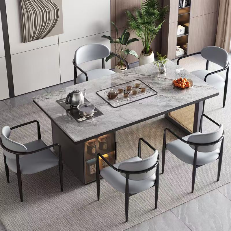 Red de Internet mesa de té de losa de roca de lujo ligero de estilo italiano, un conjunto completo de mesas y sillas de té de kung fu de oficina, mesa de té rectangular