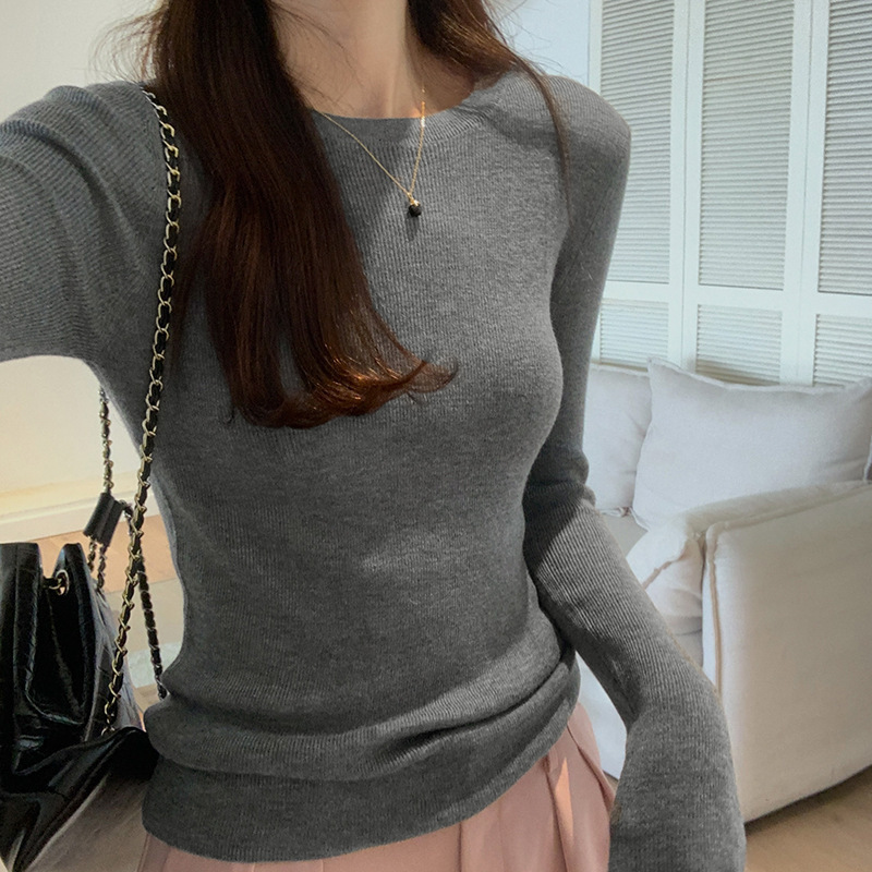 Irina Ruth's Same Style Autumn and Winter Round-Neck Slim-Fit Comfortable Versatile Solid Color Knitted Long-Sleeve Women's Top
