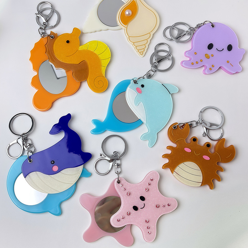 新款海洋系列钥匙扣挂件海星鲸鱼亚克力镜子包包配饰随身化妆镜女