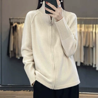 欧美跨境纯色半高领拉链针织毛衣外套女秋冬外贸宽松显瘦开衫上衣