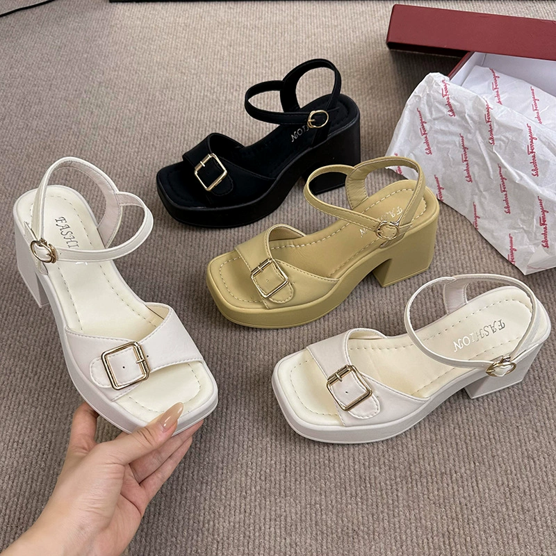 Женские летние босоножки на толстом каблуке, новая модель 2025 года, модные и стильные, на платформе с клиновидным каблуком, водонепроницаемые, с пряжкой, на высоком каблуке