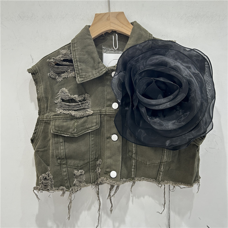 Personalidad europea agujero de bordes de lana chaqueta de vaquero chaqueta de mujer con flores tridimensionales 2024 nuevo clip de caballo corto image 8