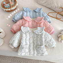 女童绗线棉服2025新款冬季宝宝韩版娃娃领加绒棉衣儿童加厚外套潮