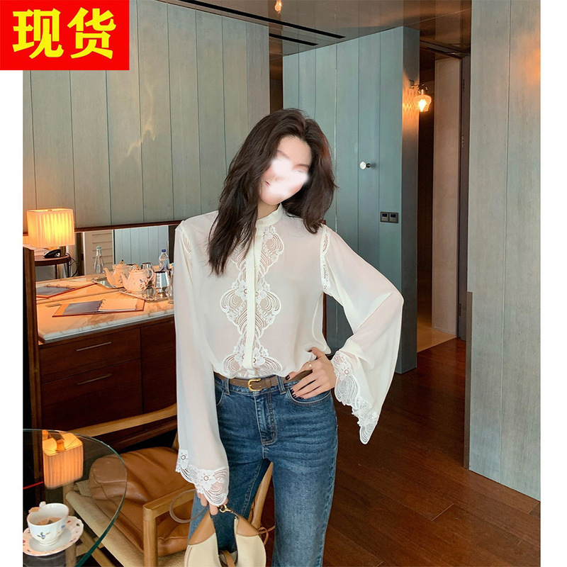 In stock Longxier white lace trim patchwork shirt for women, spring and autumn French retro see-through bell sleeve top In stock Longxier white lace trim patchwork shirt for women, spring and autumn French retro see-through bell sleeve top