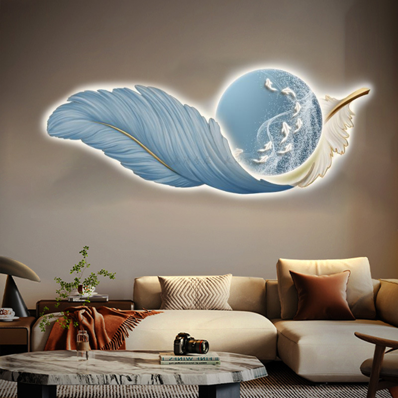 Pluma LED luminoso cuelga pintura de fondo sofá sala de estar pintura de pared escultura pintura decorativa mural de cabezal de cama moderna