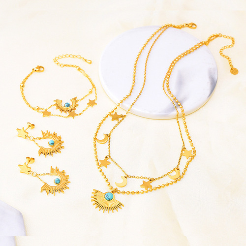 Literary retro baby's breath double-layer bracelet turquoise fan-shaped five-pointed star earrings set titanium steel necklace women's jewelry