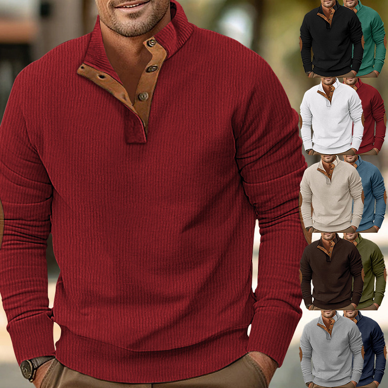 2024 Cross-Border Men's Autumn New Casual Stand-Up Collar Long-Sleeved Pit Corduroy Color Matching Slim Sweatshirt for Men