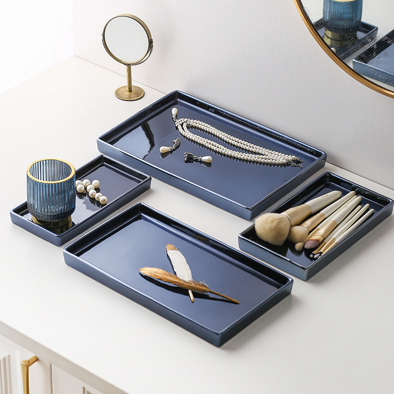 Bandeja de almacenamiento de baño en casa de lujo ligero rectangular de varios tamaños suministros de hotel Jazz azul bandeja de cerámica transfronteriza