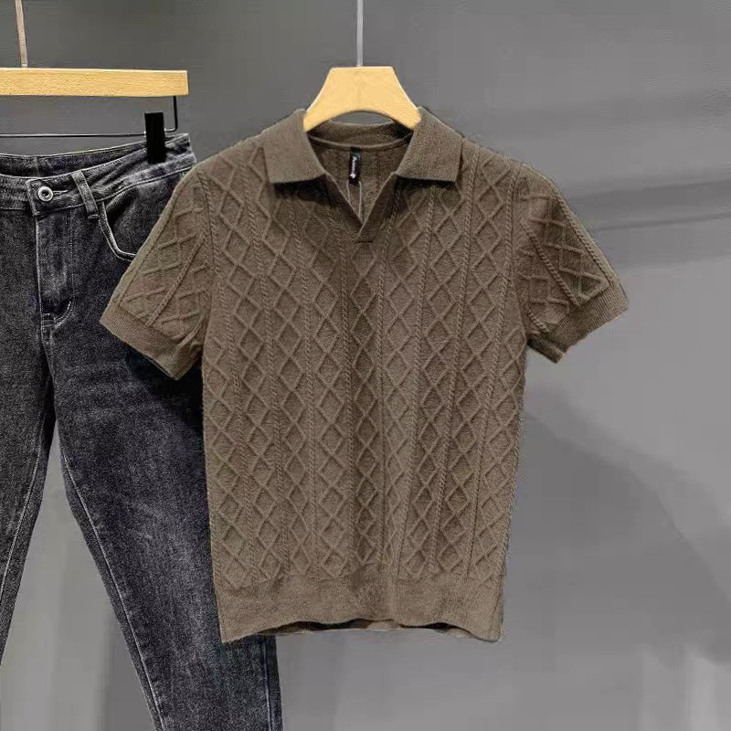 Camisa POLO cuello en V manga corta hombre textura en forma de diamante sentido negocio británico delgado verano hielo seda marea comercio exterior transfronterizo al por mayor