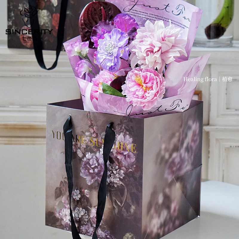 Siete colores Pansy dorado pintura al óleo Estilo Vintage bolso arreglo floral mano llevar bolsa de embalaje de flores regalo bolsa de embalaje de regalo