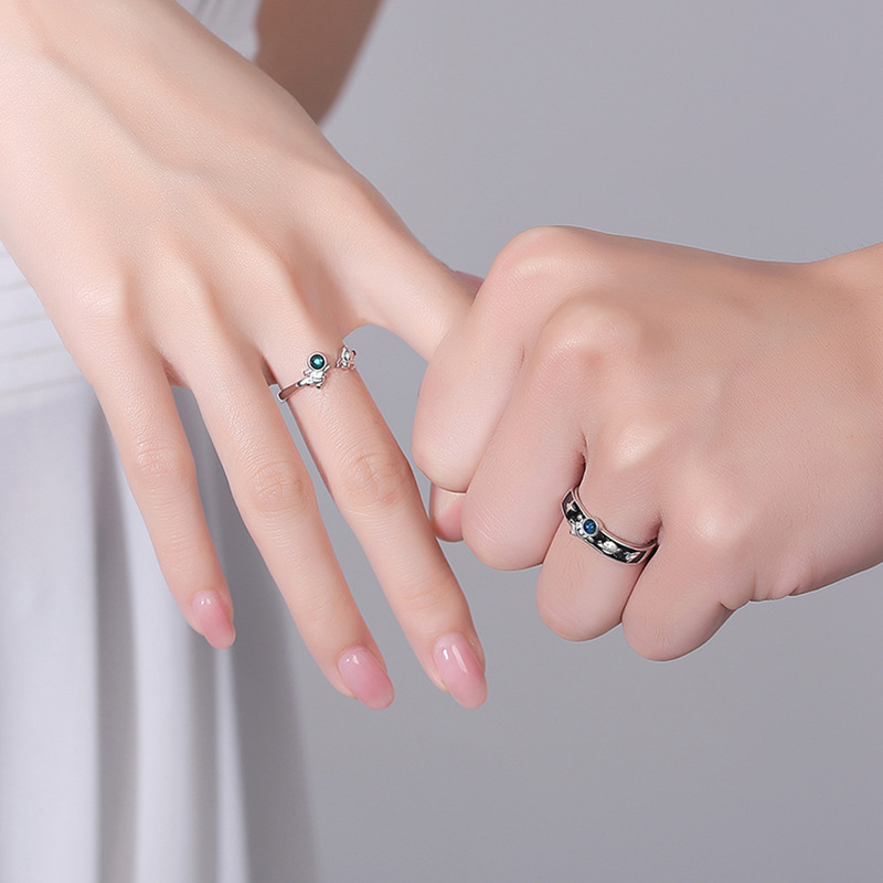 Astronaut, Star Pattern Couple Gender Plating, Inlay Design Novelty Astronaut Star Copper Plating Inlay Artificial Crystal Open Ring