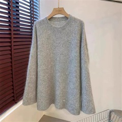 韓系重工のスパンコールの丸首のニットの女性2025早春の新型のファッションのセーターの底のシャツの怠惰な風の上着