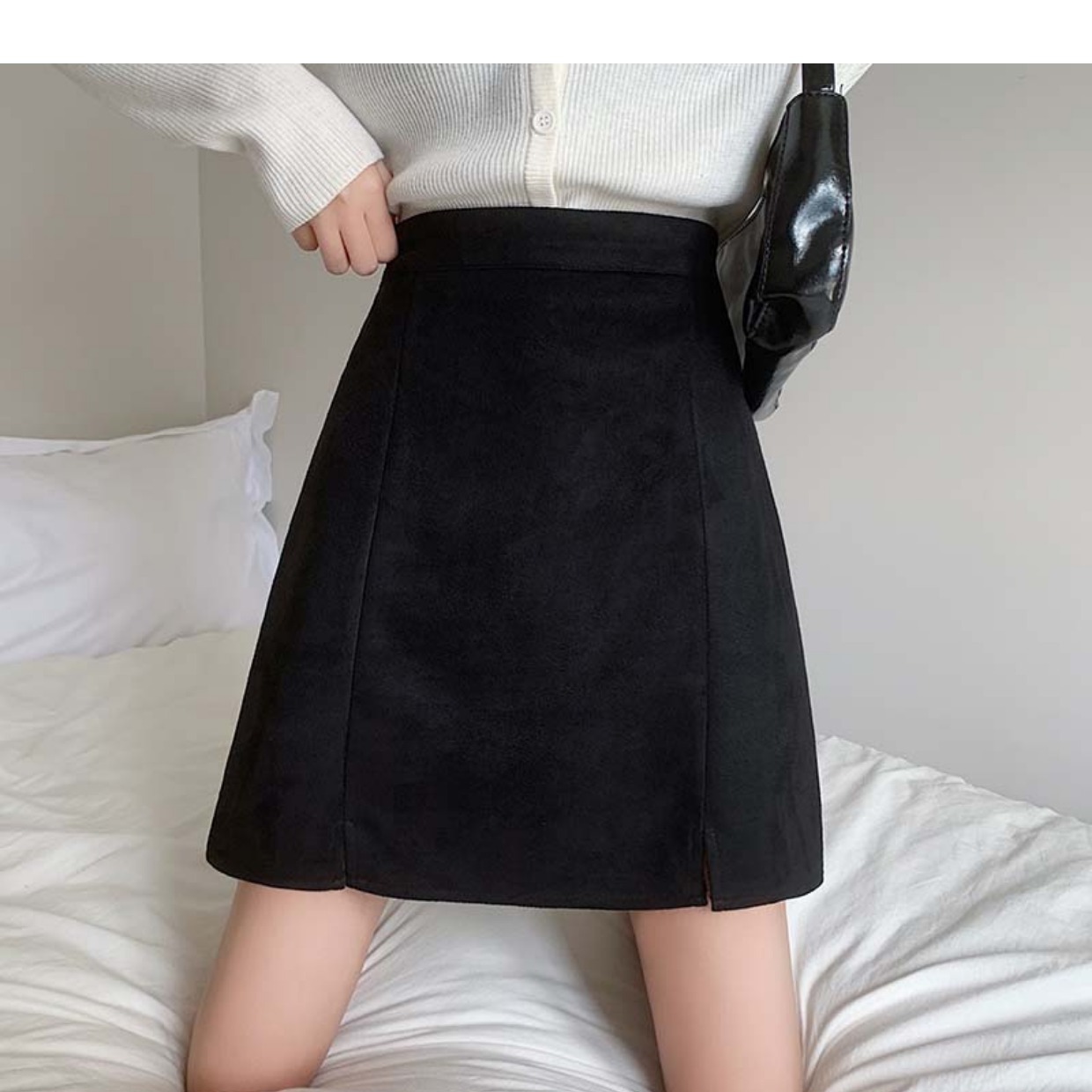 GraceChic GraceChic GraceChic 2023 Autumn Winter High Waist Split Suede Velvet Midi Plus Size Slimming A-line Bodycon Versatile Black Short Skirt_voghion.com