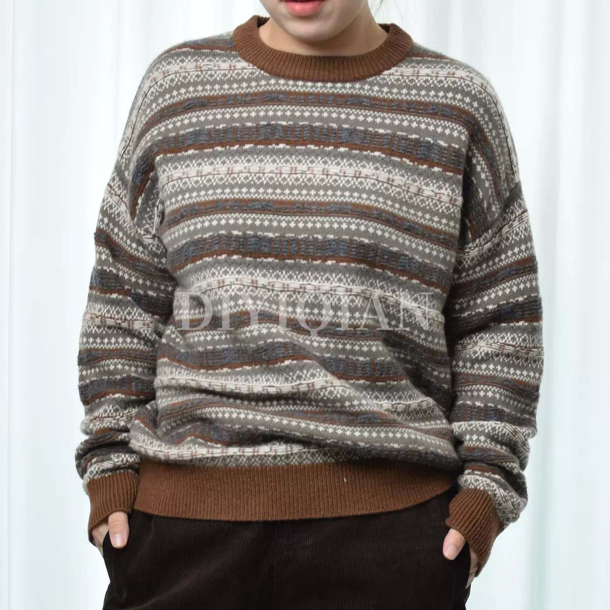 DIYIQIAN秋冬新款羊毛衫费尔岛复古风厚毛衣套头宽松百搭毛衣