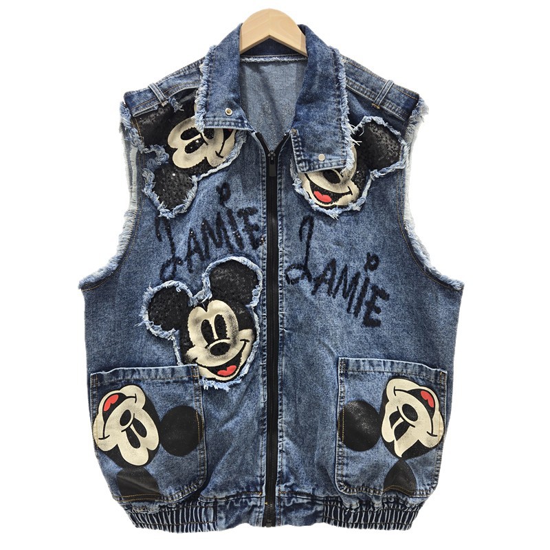 Marca de marea europea 2026 primavera nueva impresión de dibujos animados sequinado denim bordes de lana sensación de diseño chaleco suelto de moda image 5