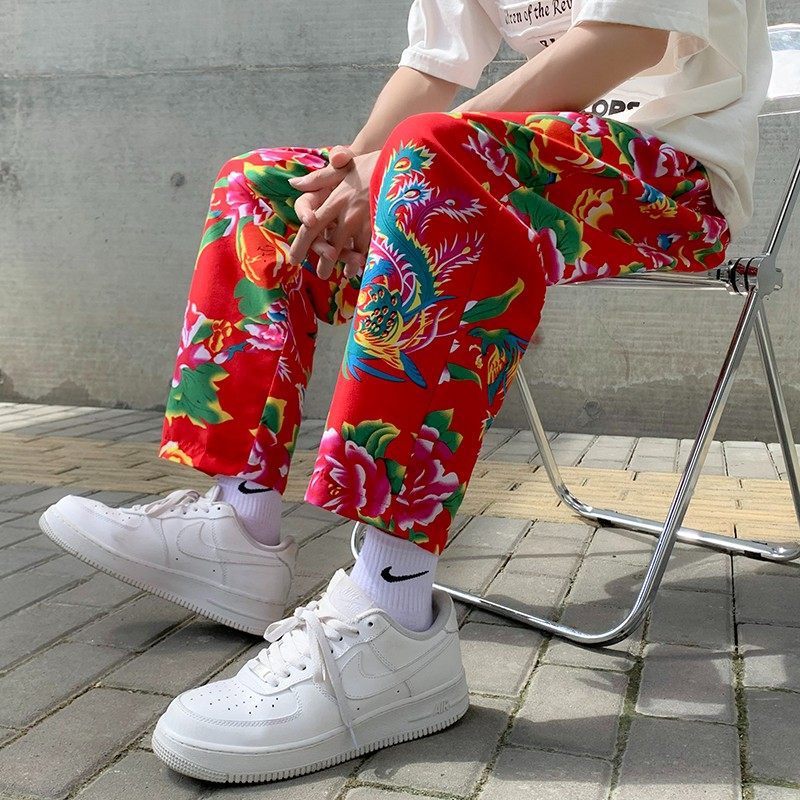 Xk01 Northeastern Large Flower Chinese Style Casual Cropped Pants Ethnic Style Peony Slim Fit National Trend Men's Pants