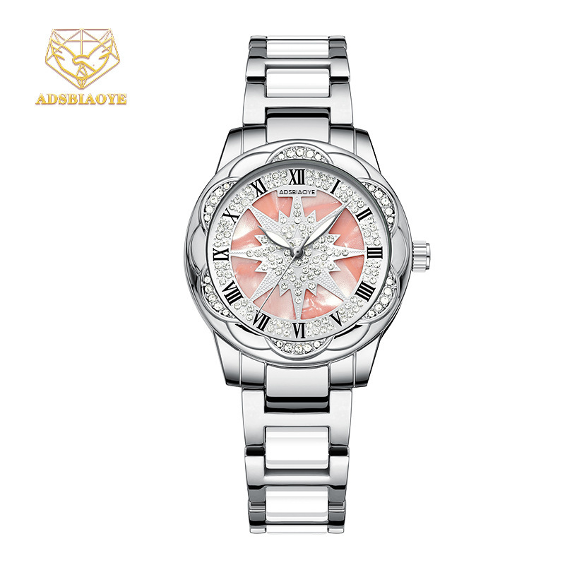 Sunflower Quartz Women's Watch Waterproof Diamond Hollow Transparent Large Dial Fully Automatic Luminous Ceramic Strap Watch
