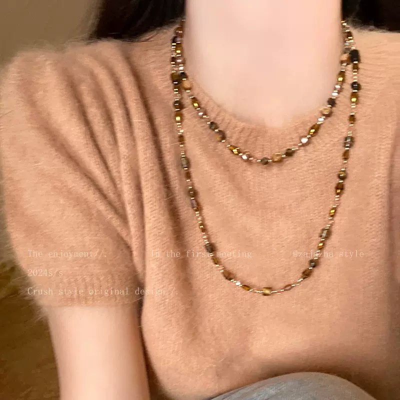 美拉德虎眼石项链女款秋冬长款叠戴高级感毛衣链棕色复古串珠配饰