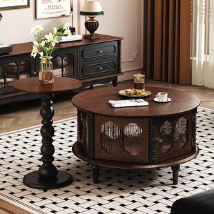 French Style Vintage Solid Wood Round Coffee Table TV Cabinet Combination Home 2024 High-end Sense Small Apartment Dahl Tea Table Table