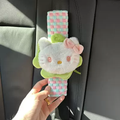 Soft Fleece Anti-Strangle Device | Pink and Blue Checkered Kitty Cat Seatbelt Shoulder Pad, Car Interior Decorative Protective Cover for Girls (Seat belt shoulder pad) - four-leaf-clover-pink-kt-shoulder-protector-pink-blue