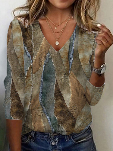 2025 Spring/Summer New Arrival European and American Cross-Border Independent Website Women's 3D Digital Print Fashion V-Neck Long-Sleeved Pullover T-Shirt