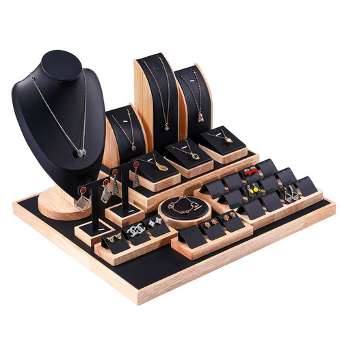 Solid wood black leather jewelry display props combination set counter window jewelry ornaments jewelry display display shelf