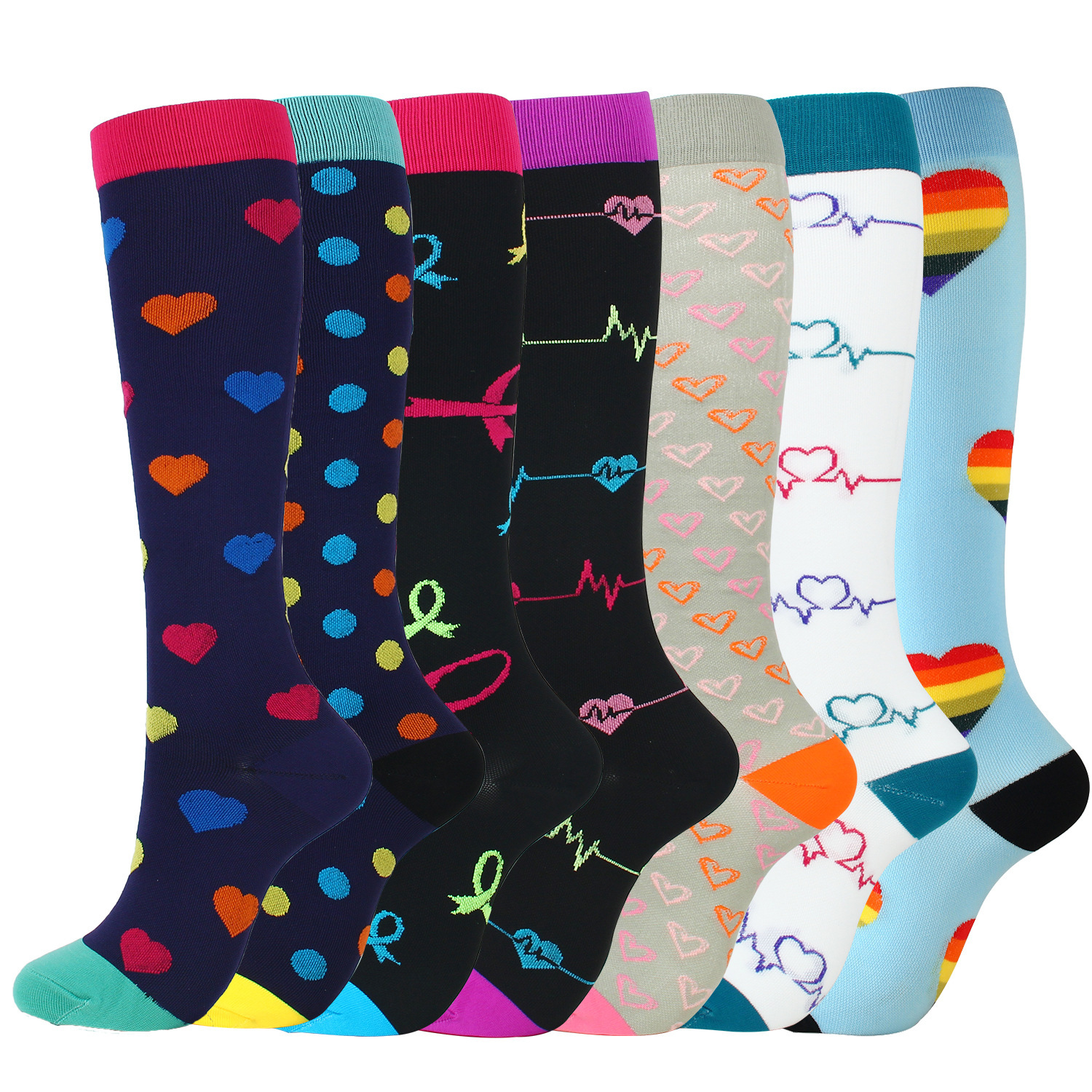 Outdoor Occasion Breathable Function Multicolor, Polka Dots, Heart Shape Pattern Sports Multicolor Polka Dots Heart Shape Jacquard Over The Knee Socks 2 Pieces