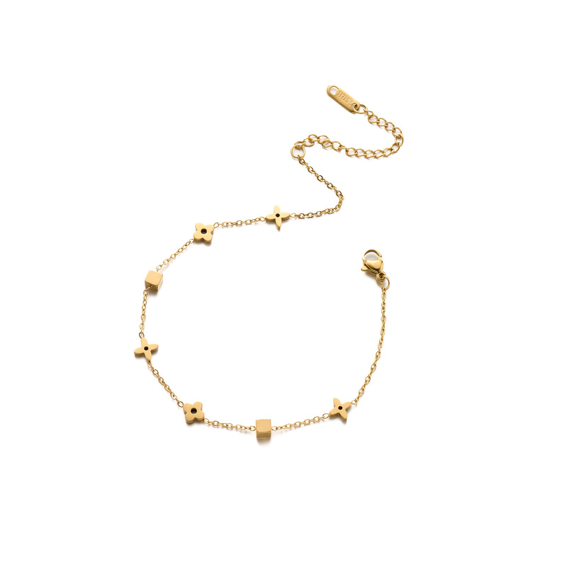 Wenjian ニッチデザイン四つ葉の花スクエアチタン鋼ブレスレット 18K ゴールドライト高級スタイル非退色女性のクロスボーダーブレスレット|undefined