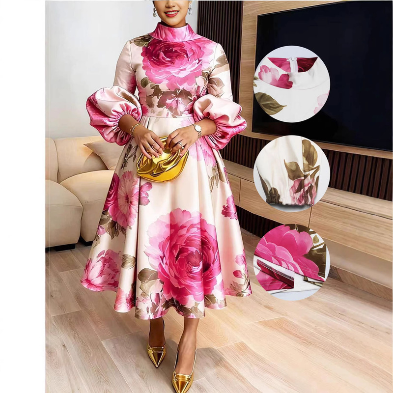 2026 European and American cross-border Amazon independent site bestseller: Elegant lantern sleeve, waist-cinching, printed women's dress