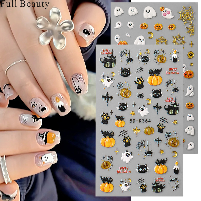 Cross-Border New Embossed Nail Art Stickers Halloween Cute Fluffy Kitten Pumpkin Ghost Spider Web Nail Art Stickers