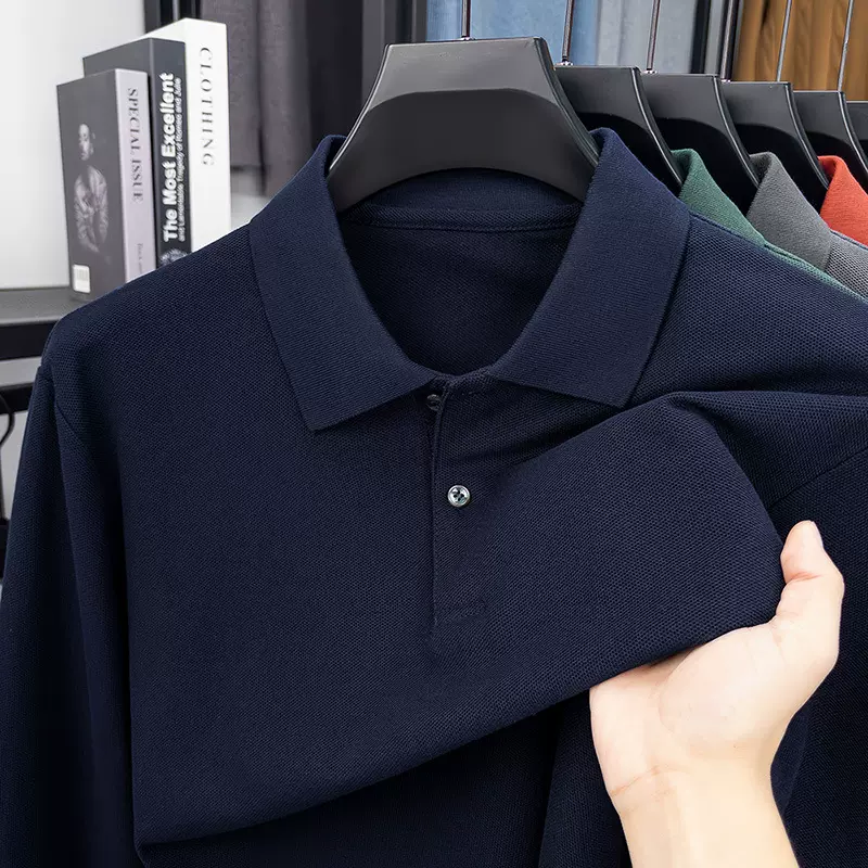 跨境秋冬季新款长袖Polo衫定制纯色男士商务透气宽松丝光棉打底