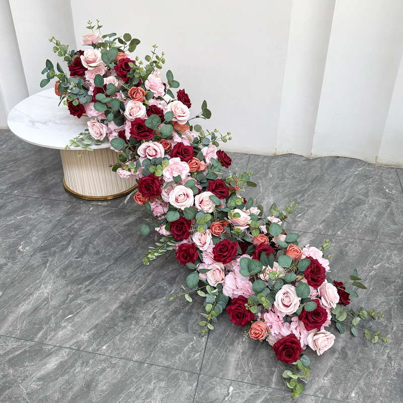 クロスボーダーバーガンディ結婚式の背景の壁の装飾花列アーチ花ウィンドウショールームテーブルフラワーロング列花偽ロングストリップ花|undefined