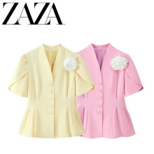 ZAZA 自制欧美风 批发女装 时尚百搭气质手工花收腰短袖西装上衣