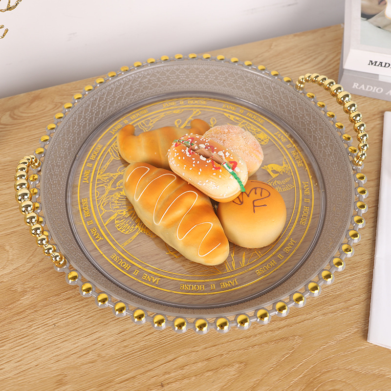 花边透明托盘家用水果盘客厅茶几零食盘轻奢印花装饰盘零食糕点