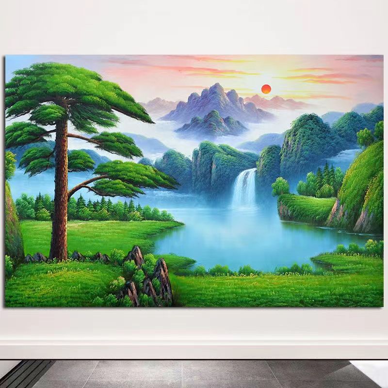 Cornucopia landscape painting with backer hanging painting on the back, living room sofa background decorative painting, green mountains and green waters, self-adhesive painting