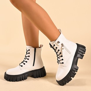 Casual Versatile Single Boots 2025 New Cross-Border Large Size Autum Round Toe Front Lace up Thick Heel Pure Color Women's Boots
