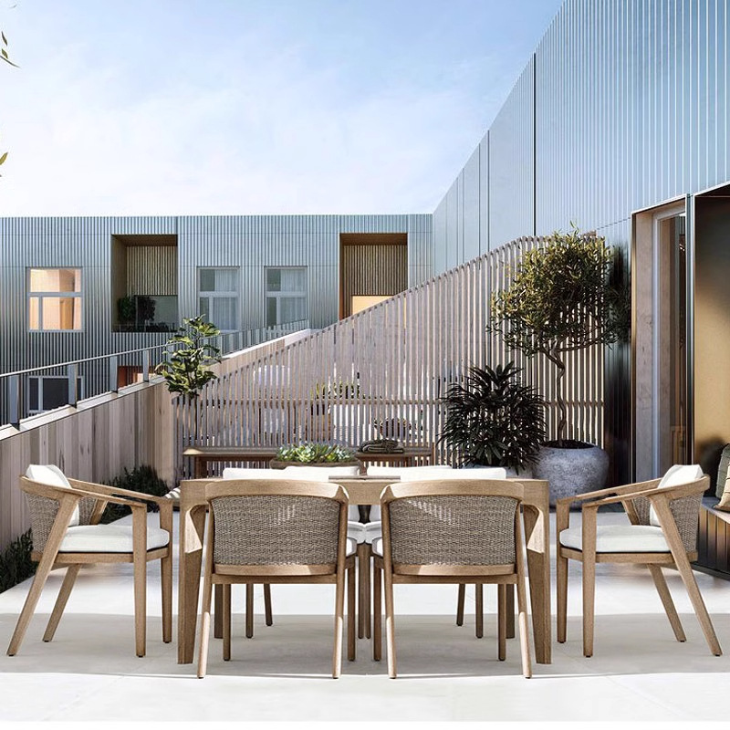 Mesa al aire libre sillas patio terraza villa impermeable al sol mesa larga de teca al aire libre jardín anticorrosivo mesa redonda de madera maciza