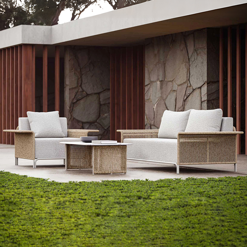 Sofá al aire libre patio trenzado combinación de silla de caña impermeable solar jardín villa terraza de alojamiento nórdico muebles de esquina