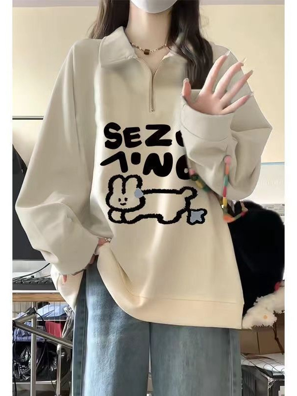 半拉链polo领!!!【韩系学院风】美式复古插肩袖卫衣女INS韩版上衣|undefined