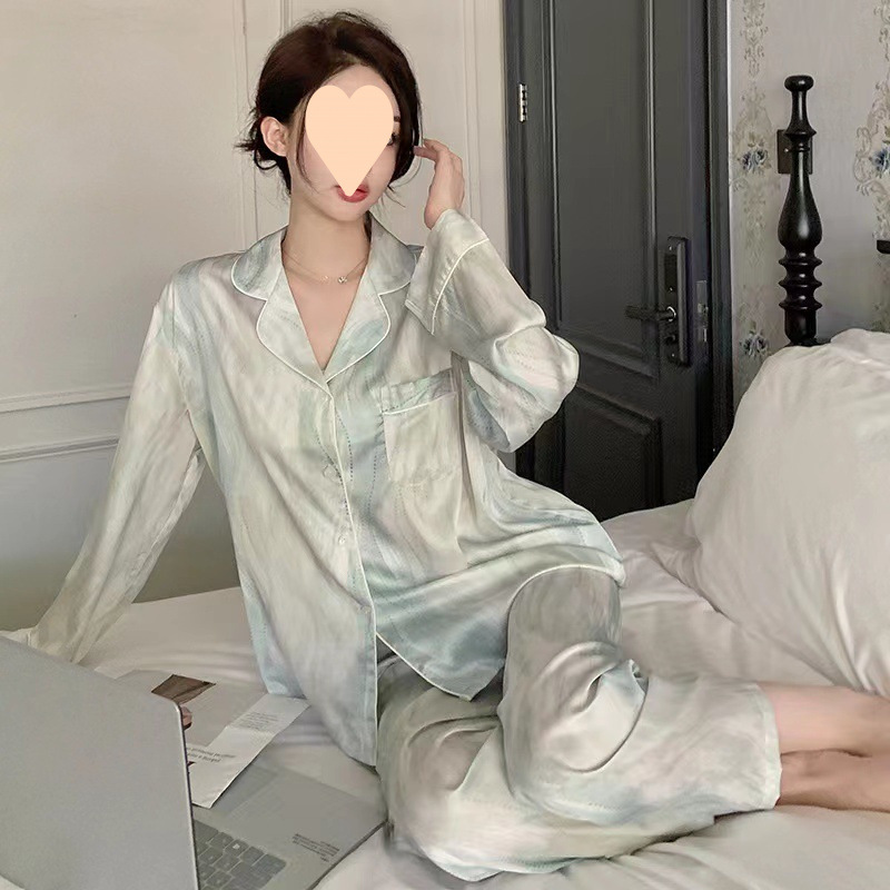 法式高級感冰絲長袖睡衣女春秋新款家居服開衫長褲套裝可外穿